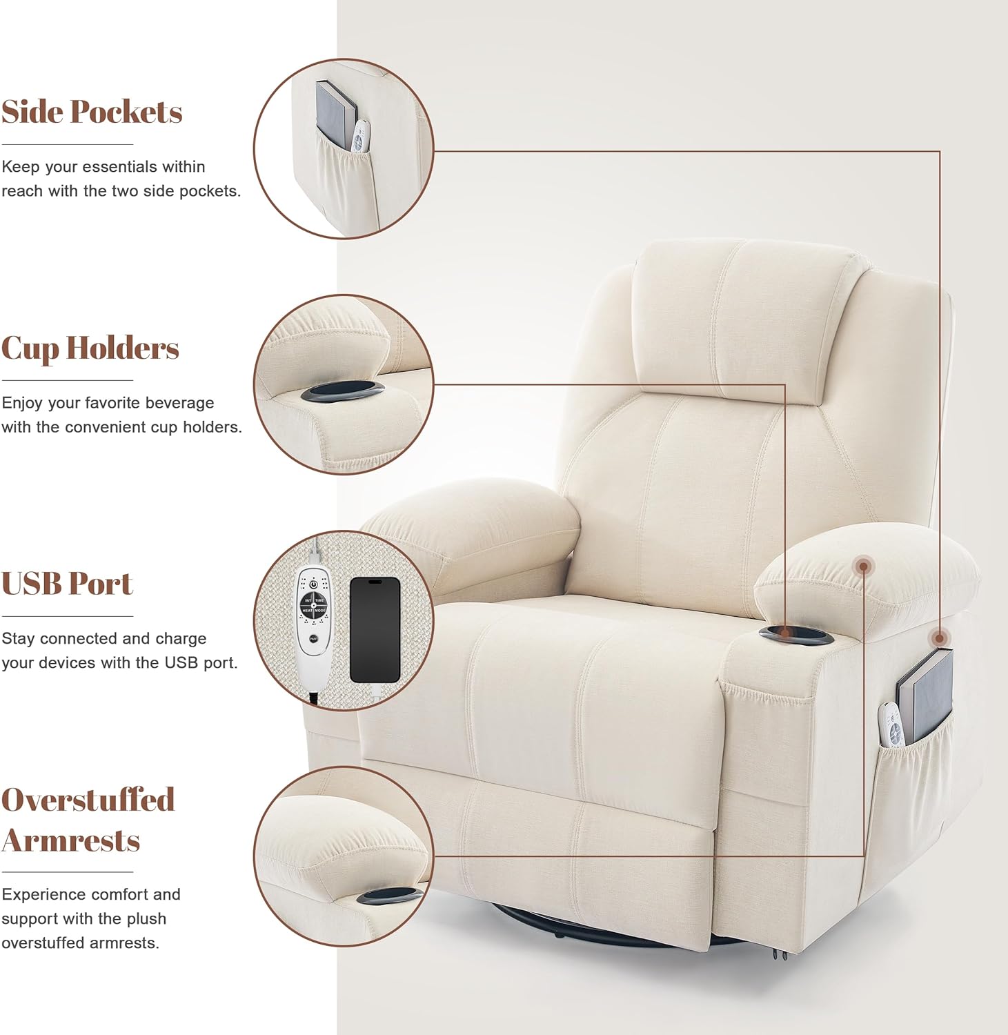 Large Swivel Rocking Recliner with Heating and Massage Function, 360 Degree Swivel Rocking Single Sofa wourant