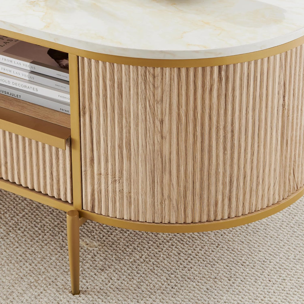 OKD Modern Luxury Grooved Coffee Table, 48 Inch Oval Coffee Table with Drawers, Imitation Marble Top, Curved Contour Design, Gold Metal Trim, Living Room Center Table wourant