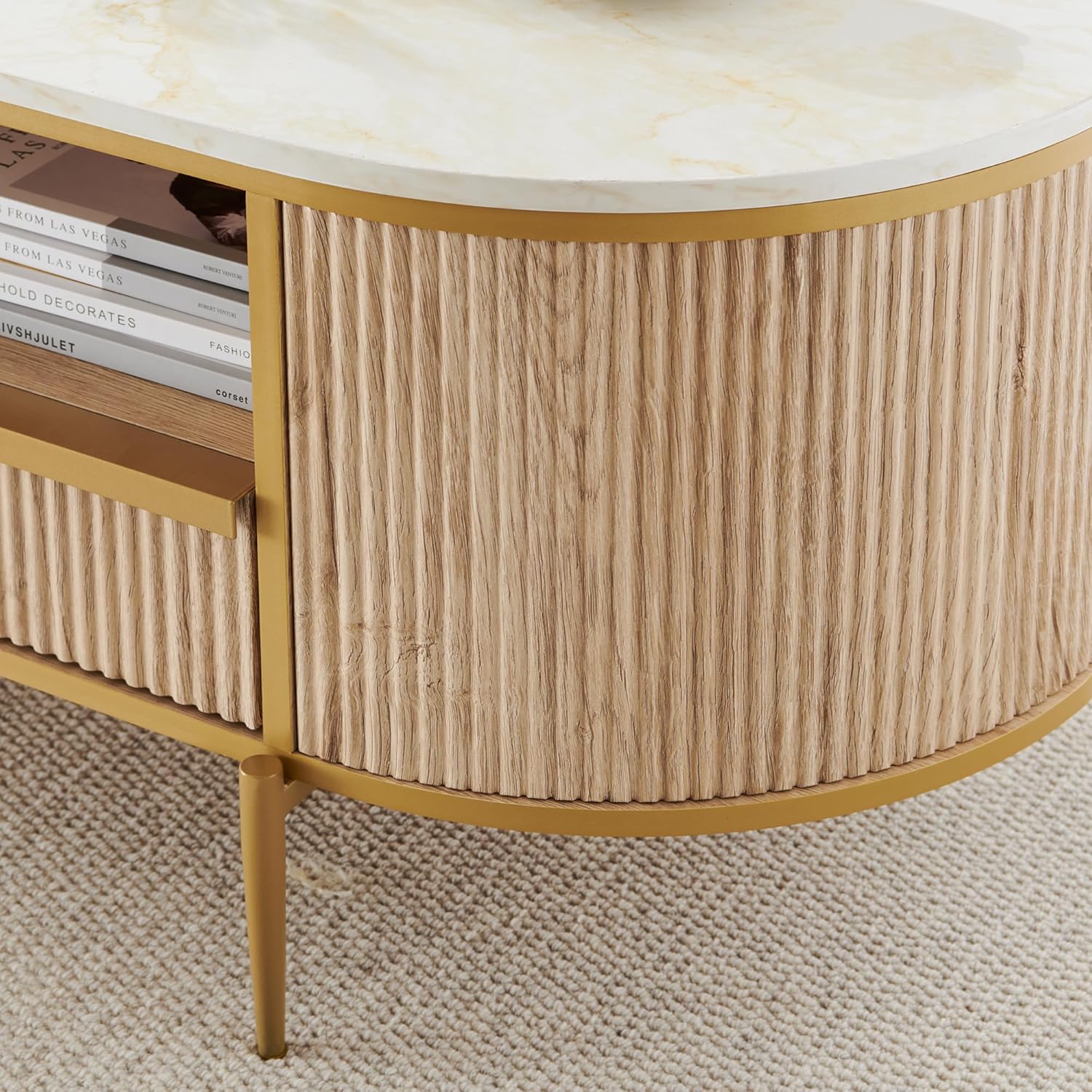 OKD Modern Luxury Grooved Coffee Table, 48 Inch Oval Coffee Table with Drawers, Imitation Marble Top, Curved Contour Design, Gold Metal Trim, Living Room Center Table wourant