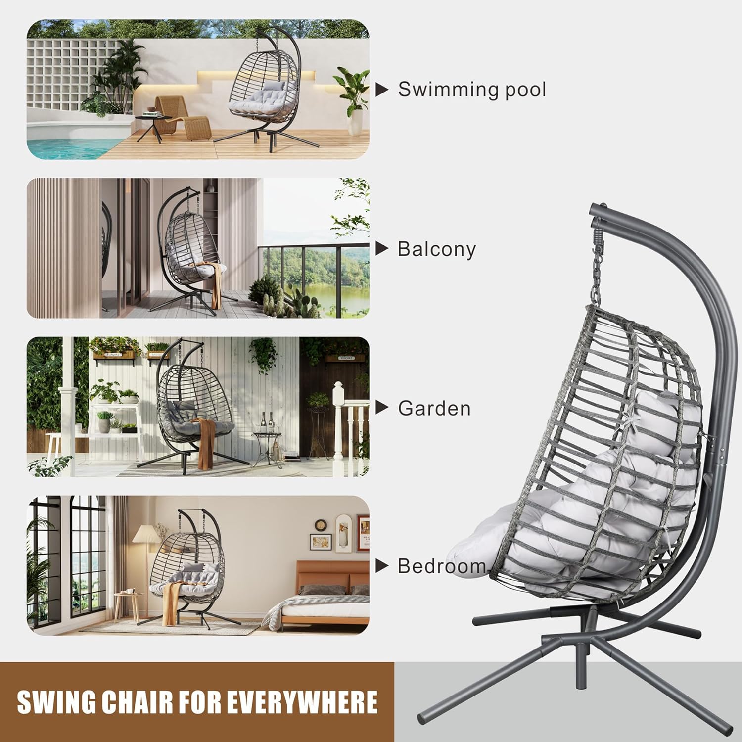 HWB Hanging Egg Chair Patio Wicker Hammock Egg Swing Chair with Cushion for Bedroom wourant