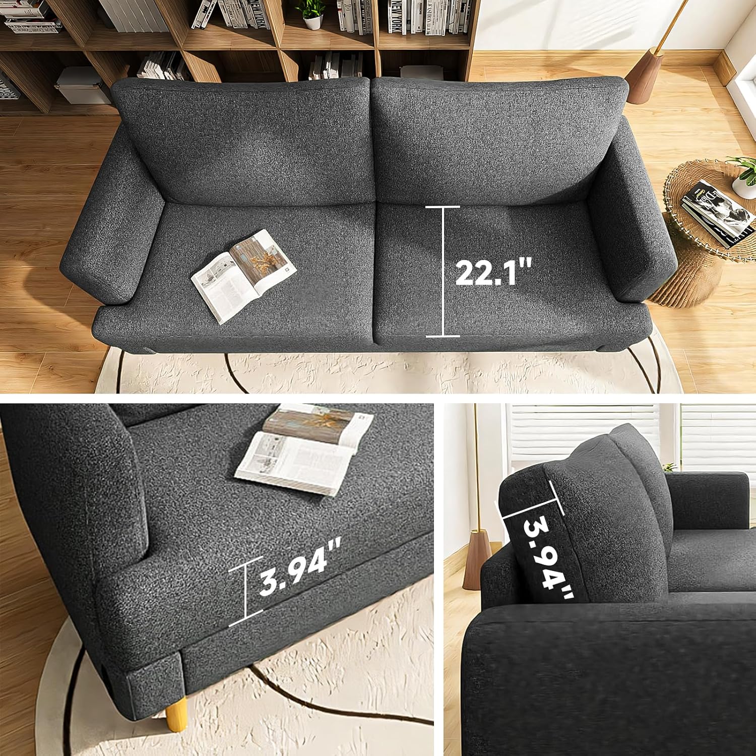 Loveseat Sofa Couch for Living Room USB Type C Ports Dark Gray Upholstered Small Couches wourant