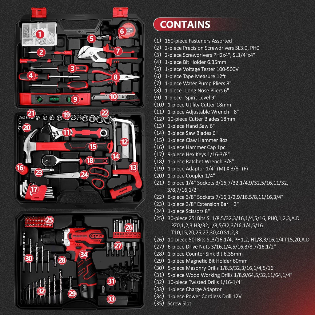 KingTool 276-Piece Tool Set Kit Tool kit 12V Cordless Power Drill Driver Toolbox Storage Case wourant