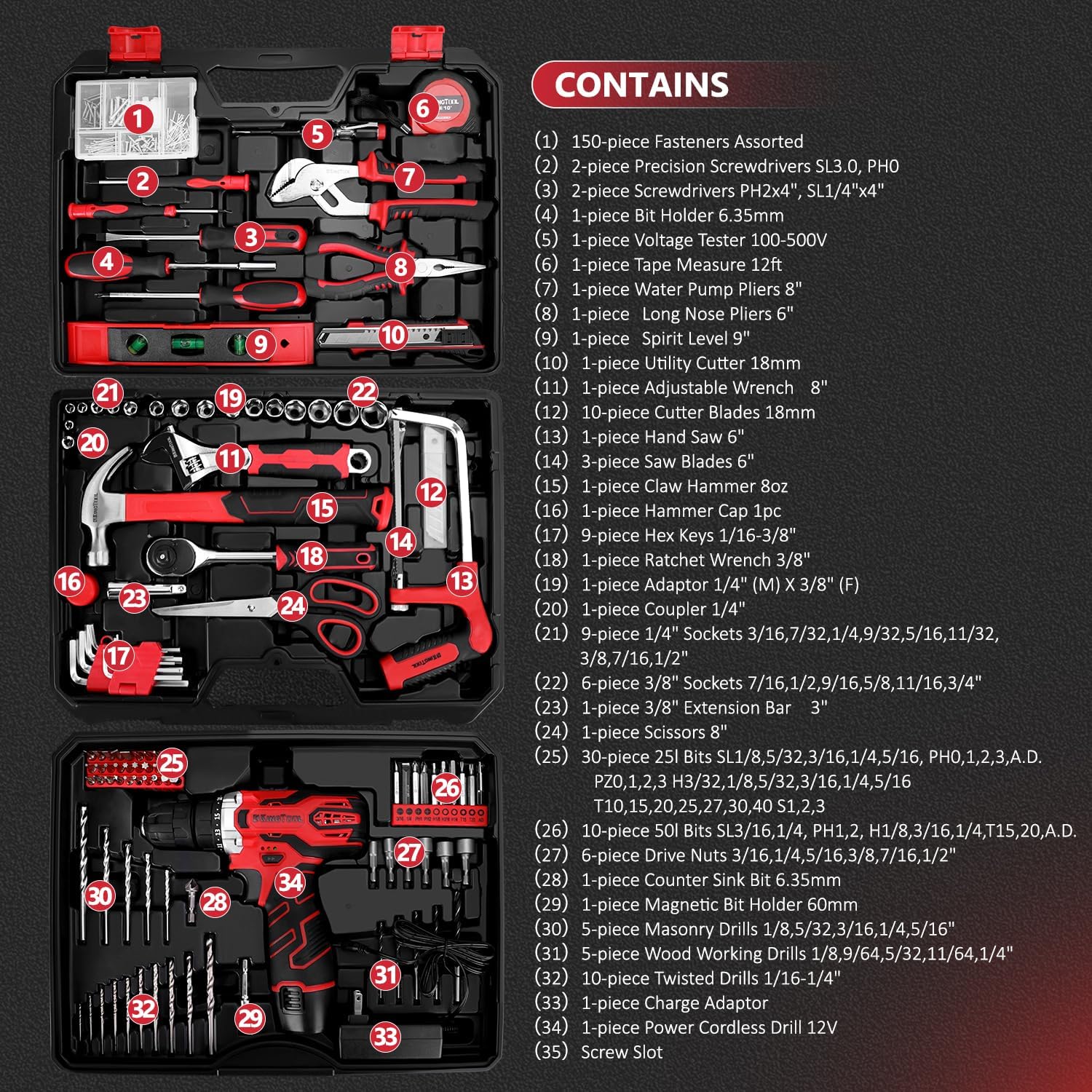 KingTool 276-Piece Tool Set Kit Tool kit 12V Cordless Power Drill Driver Toolbox Storage Case wourant