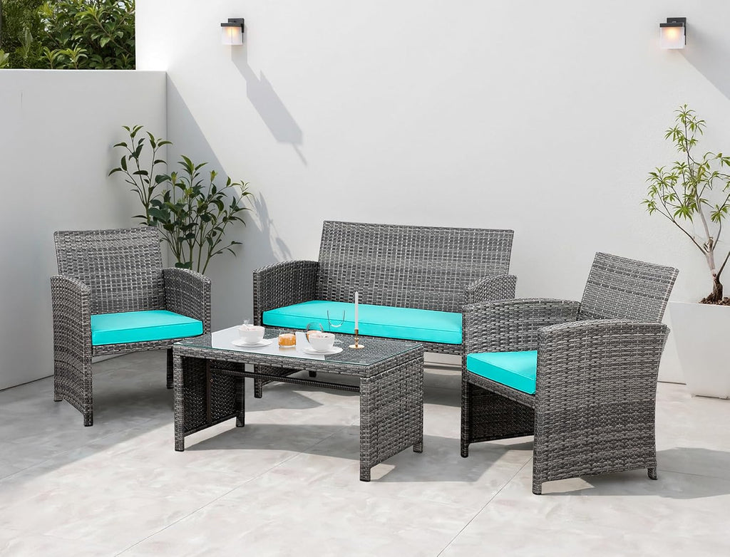 Shintenchi 4 Piece Patio Ratten Set Outdoor Furniture Set Wicker Conversation Set with Cushions and Tempered Glass Tabletop,Beige wourant