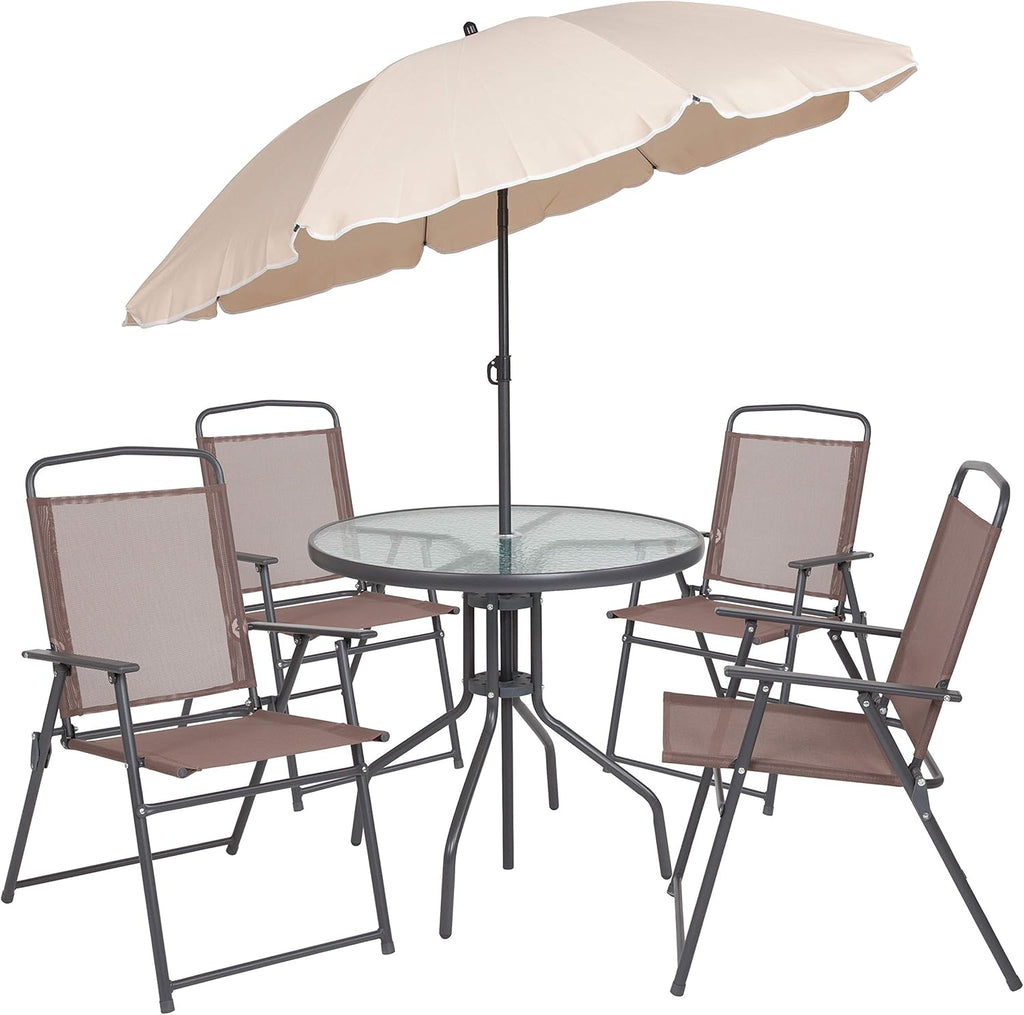EMMA + OLIVER 6 Piece Brown Patio Garden Set with Umbrella Table and Set of 4 Folding Chairs wourant