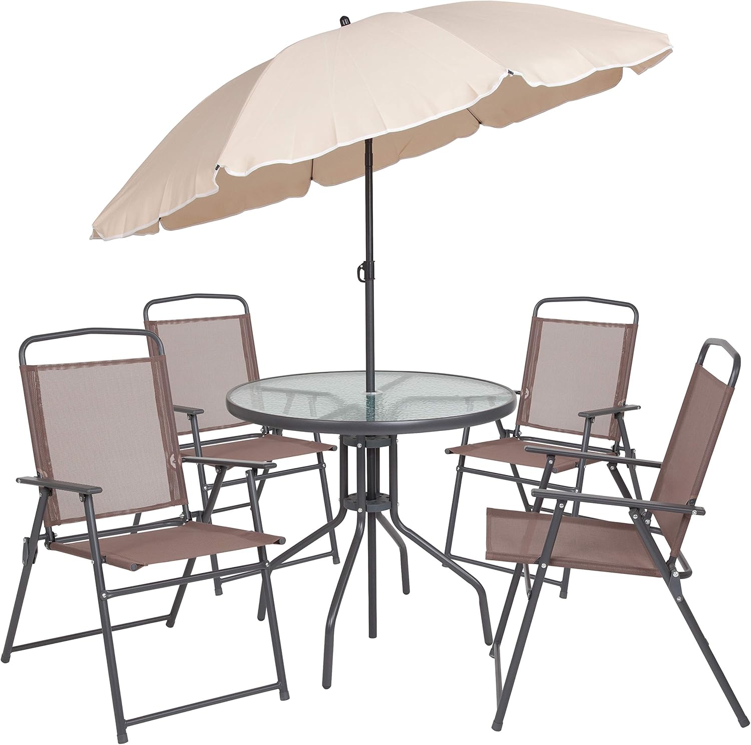 EMMA + OLIVER 6 Piece Brown Patio Garden Set with Umbrella Table and Set of 4 Folding Chairs wourant