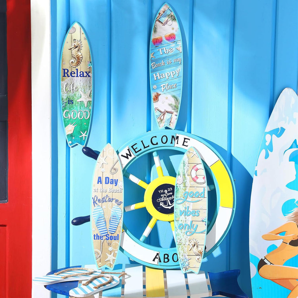 Blulu 4 Pcs Surfboard Wall Decor Surfboard Wall Hanging Sign Wooden Beach Decoration Summer Theme Decor Hawaiian Luau Party Decoration for Home Bar Aloha Tropical Birthday Party(Tiki) wourant