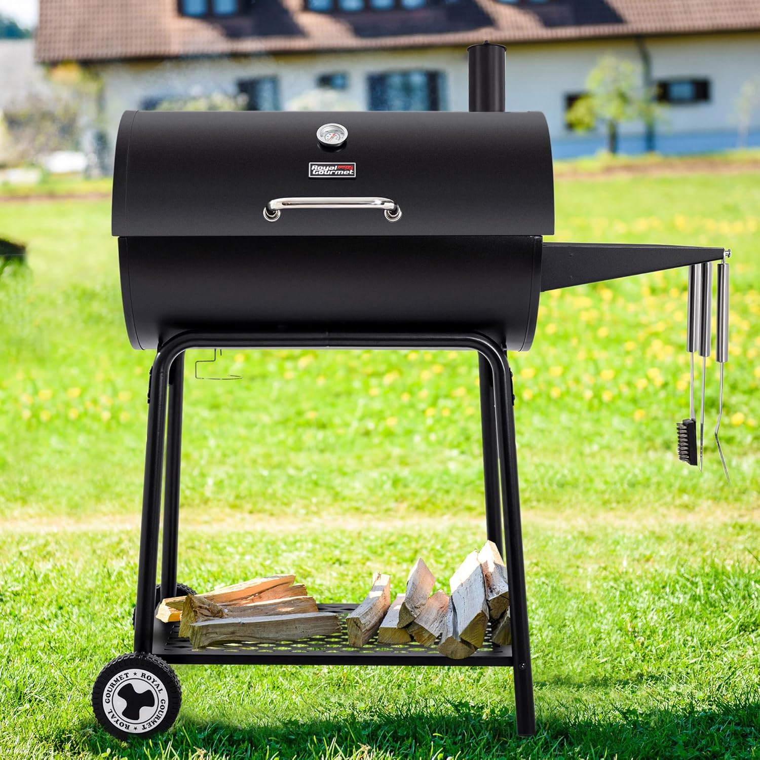 Royal Gourmet CC1830 30 Inch Barrel Charcoal Grill with Side Table, Outdoor BBQ Grill with 627 Sq. In. Cooking Space for Backyard, Patio and Parties, Black wourant