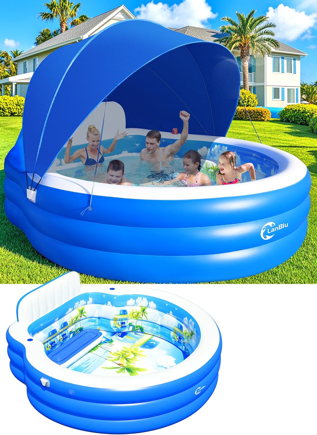 2025 Upgraded Inflatable Pool with Canopy, Inflatable Family Lounge Pool, Round Blow Up Pool for Adult with Bench & Backrest, Swim Center Easy Backyard Pools for Kids & Adults, 92"x92"x26", Blue wourant