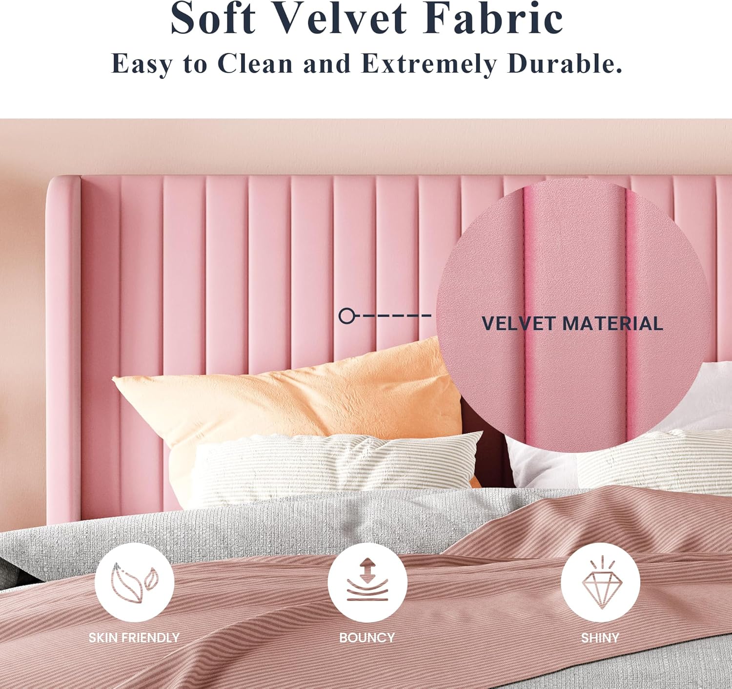 Allewie Full Size Velvet Bed Frame Vertical Channel Tufted Wingback Headboard Upholstered Bed wourant