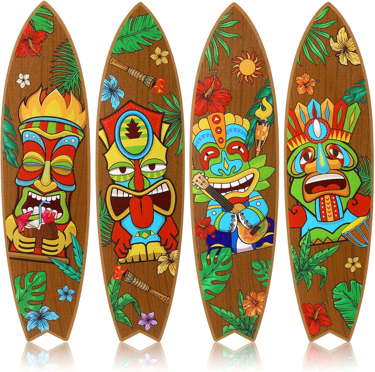 Blulu 4 Pcs Surfboard Wall Decor Surfboard Wall Hanging Sign Wooden Beach Decoration Summer Theme Decor Hawaiian Luau Party Decoration for Home Bar Aloha Tropical Birthday Party(Tiki) wourant