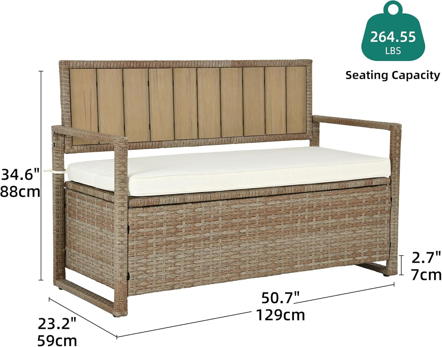 DWVO 70Gal Outdoor Storage Bench with Cushion & Composite Wood Backrest, All-Weather Wicker Deck Bench with Rustproof Bag, Poolside, Patio, Garden (Sand Beige) wourant