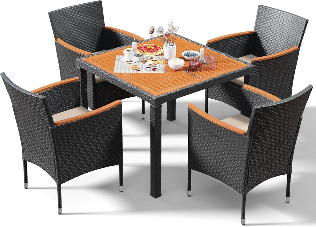 Devoko Dining 7 PCS Furniture, Patio Conversation Set with Acacia Wood Table Top, Rattan Outdoor, Black wourant