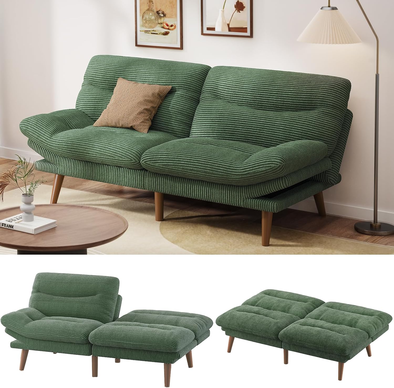 Pipishell Convertible Futon Sofa Bed,66" Corduroy Futon Couch with Adjustable Backrest and Armrests, Recliner Sleeper Sofa for Small Spaces, Play Room or Office, Grey wourant