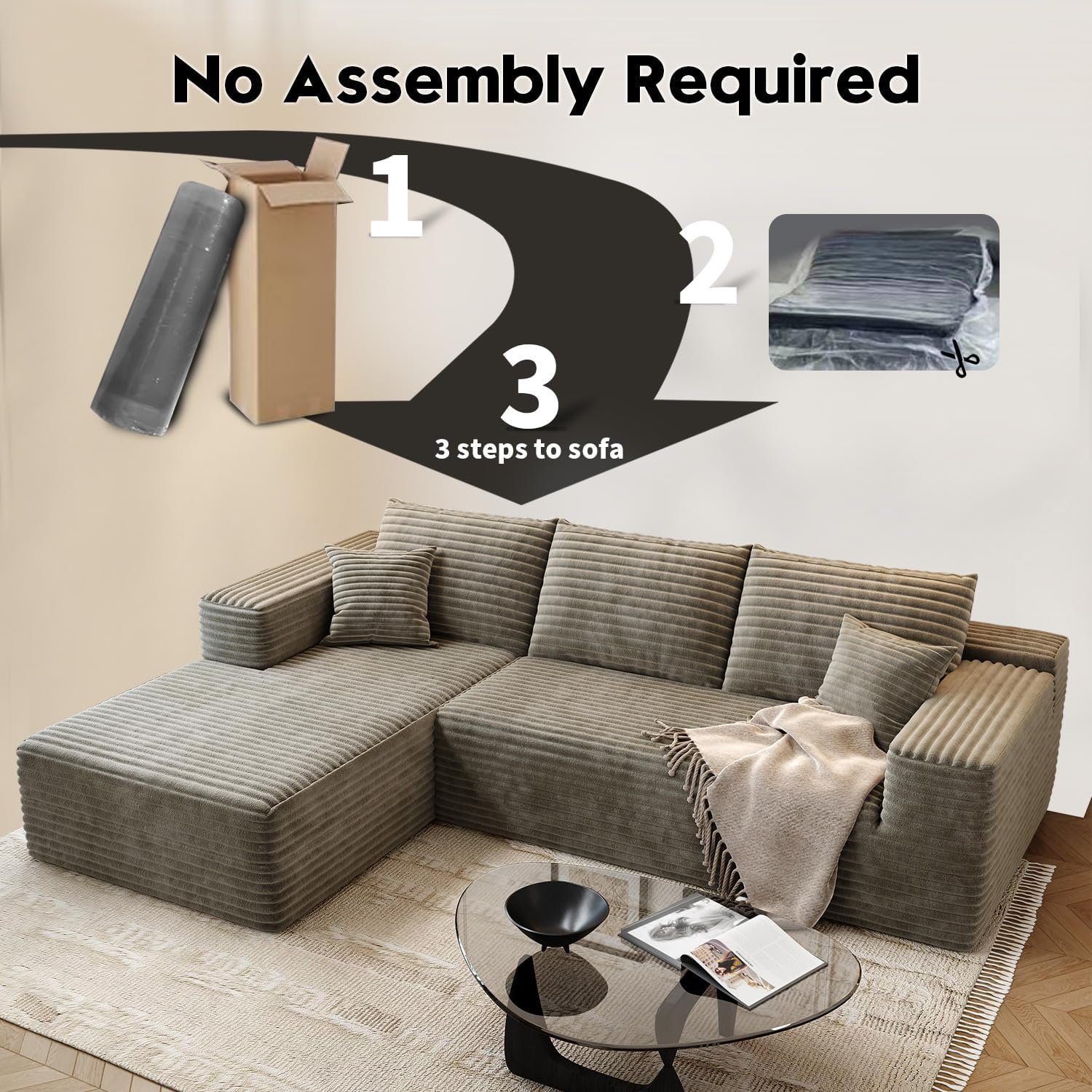 107.5 inch Cloud Modular Sectional Sofa with L-Shaped Chaise Lounge, Modern Minimalist Upholstered Sofa Deep Seating Corner Sofa wourant