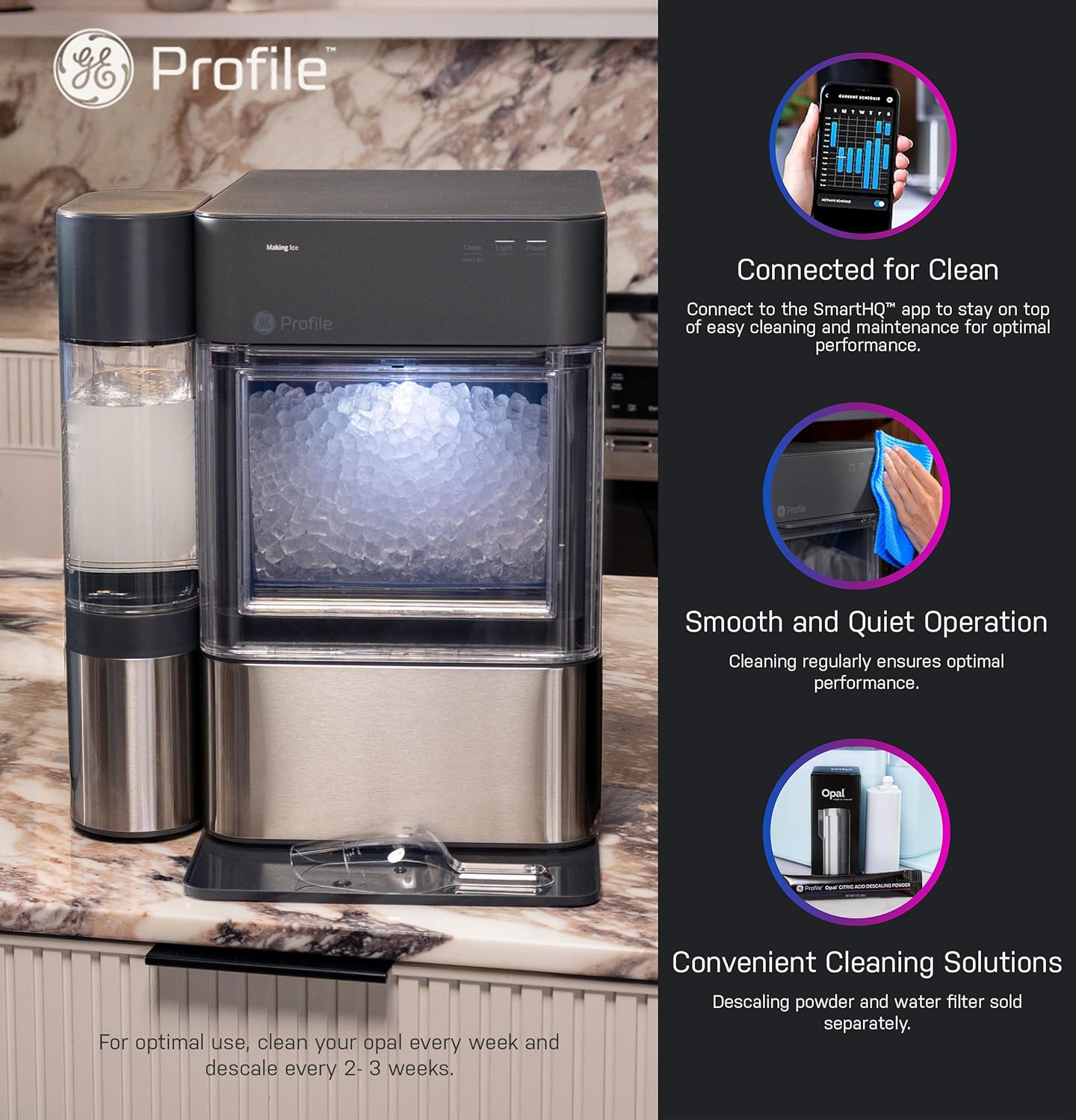 GE Profile Opal 2.0 XL with 1 Gallon Tank, Chewable Crunchable Countertop Nugget Ice Maker, Scoop included, 38 lbs in 24 hours, Pellet Ice Machine with WiFi & Smart Connected, Stainless Steel wourant