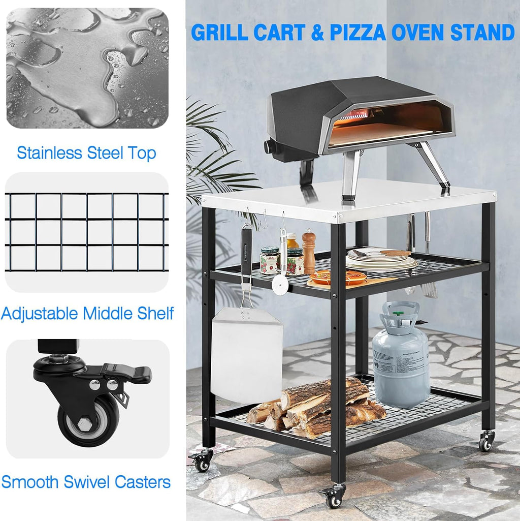 Stainless Steel Outdoor Grill Cart Pizza Oven Stand Trolley Table with Wheels Three-Shelf Movable Food Prep and Work Table Heavy Duty Grill Carts Outdoor Cart 31.5"×24"×35.5" wourant