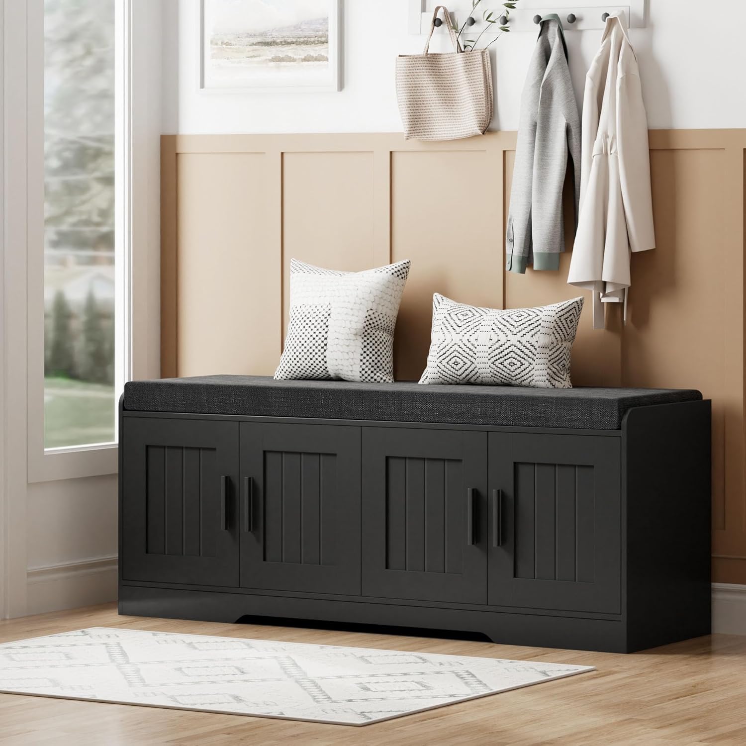 2-Tier Storage Bench, Shoe Bench with Thickened Padded Seat Cushion, Entryway Bench with 4 Doors, Adjustable Shelf wourant