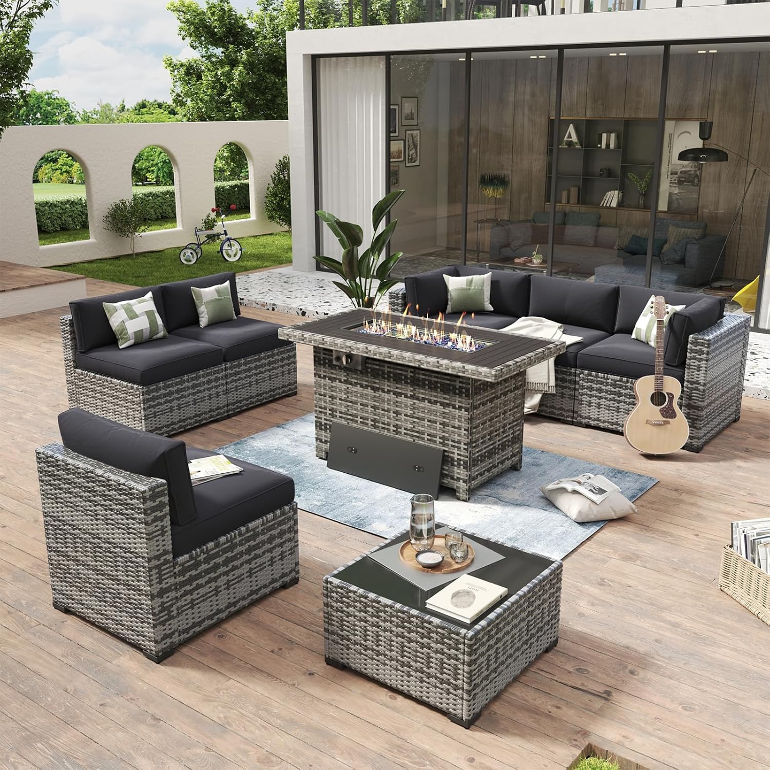 Aoxun 8 Piece Patio Furniture Set with 44?Fire Pit Table Wicker Rattan Outdoor Sectional Sofa Set with Coffee Table and Thickened Cushions, Beige (Waterproof Cover Included) woonhhop