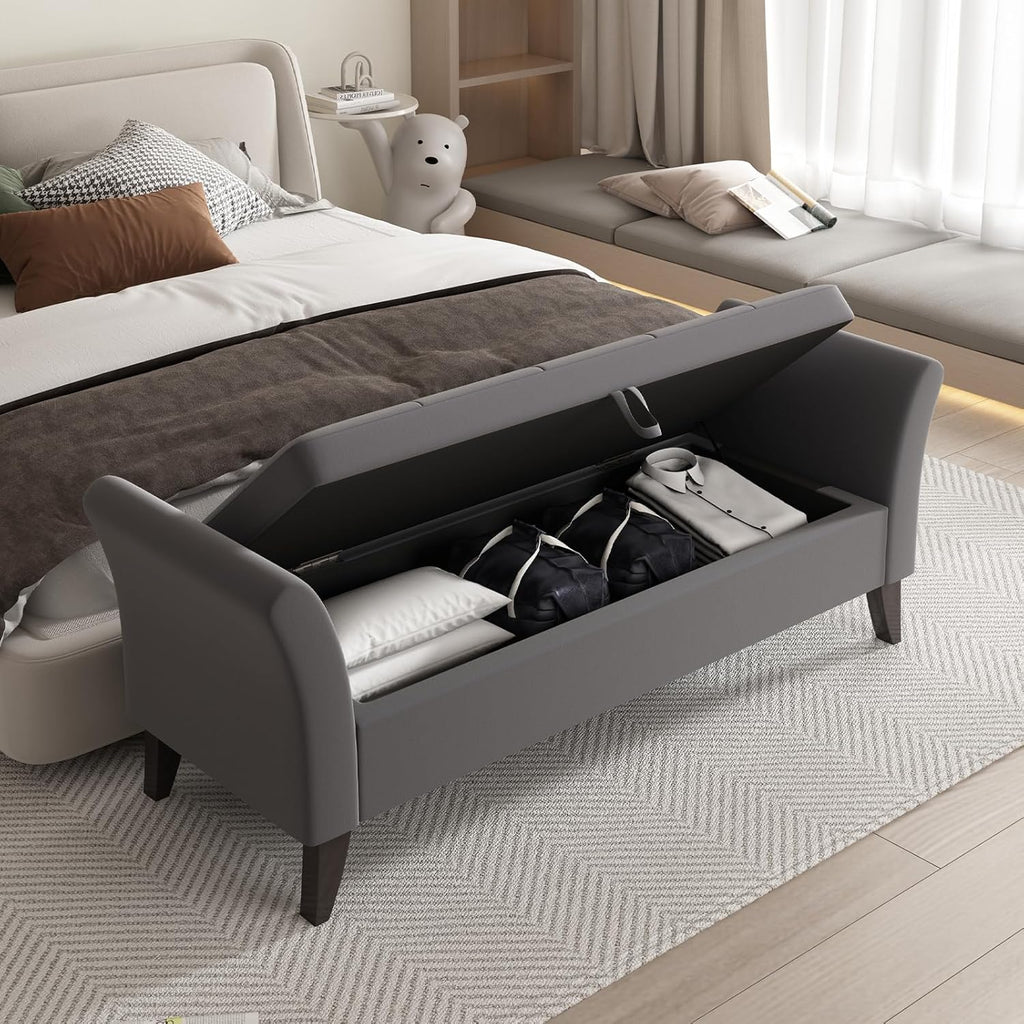Furniliving Modern Storage Ottoman Bench, Sherpa Ottoman End of Bed Bench with Solid Wood Legs Upholstered Ottoman Benches with Storage Indoor Bench wourant