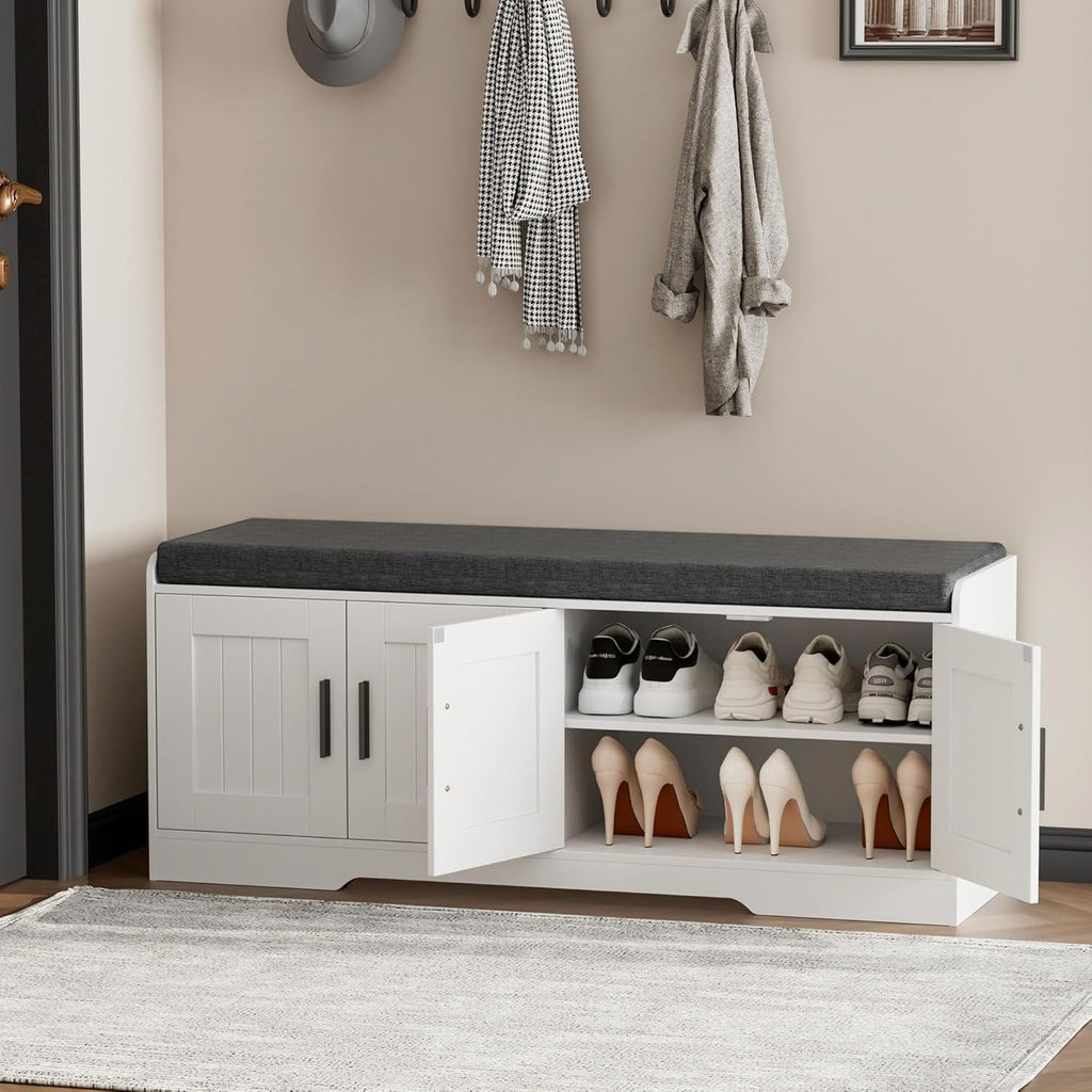 2-Tier Storage Bench, Shoe Bench with Thickened Padded Seat Cushion, Entryway Bench with 4 Doors, Adjustable Shelf wourant