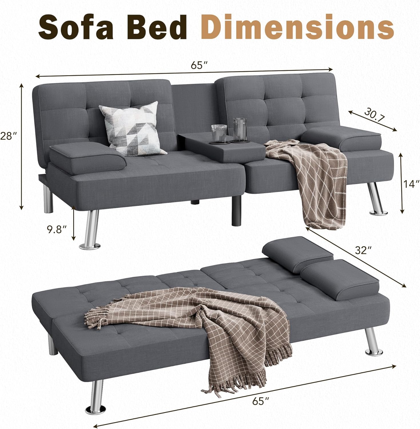Shahoo Modern Linen Upholstered Convertible Folding Futon Sofa Bed with Removable Armrests wourant