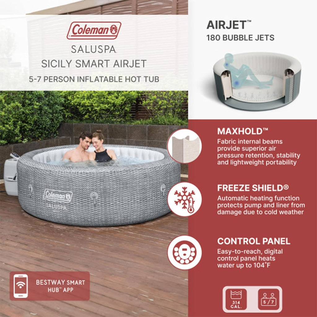SaluSpa Sicily AirJet 7 Person Inflatable Hot Tub Round Portable Outdoor Spa with 180 Soothing AirJets and Insulated Cover, Gray wourant