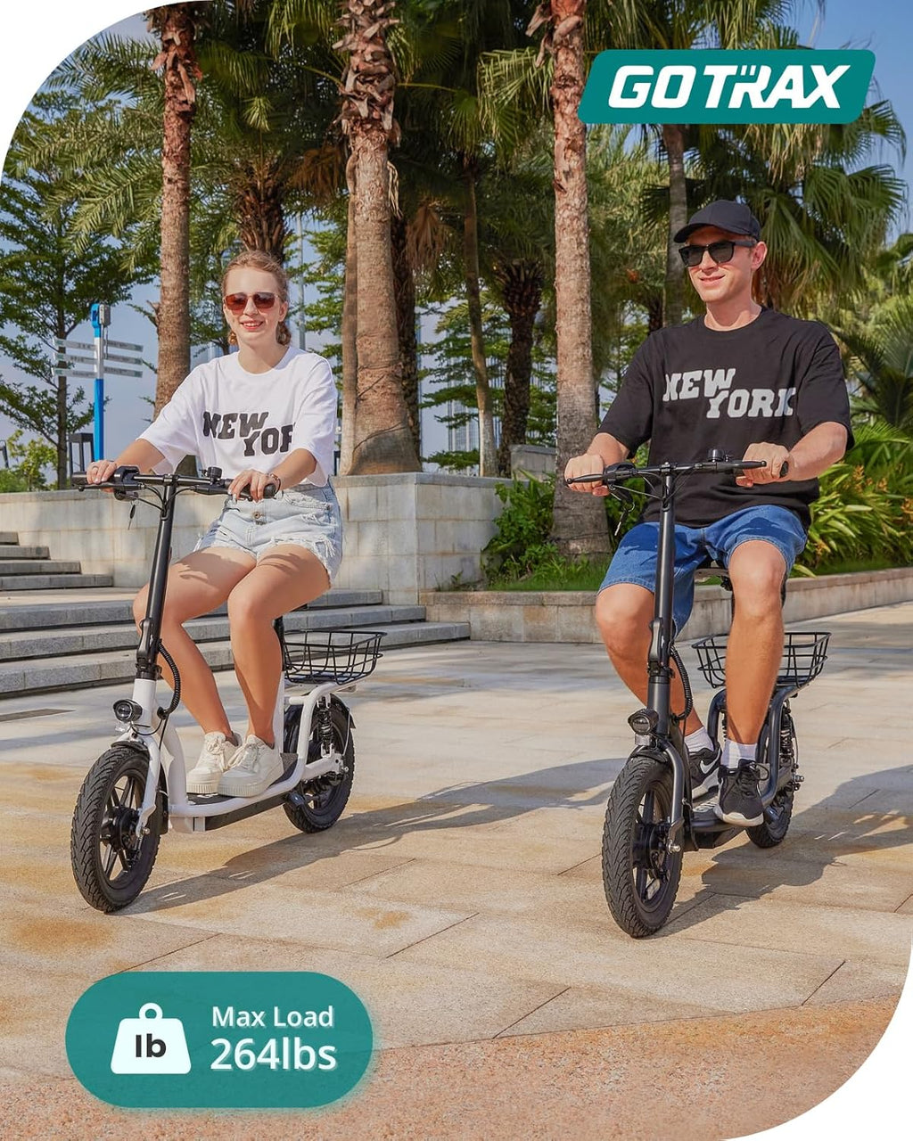 Gotrax adult electric scooter with seat, maximum range of 19-25 miles, all-terrain tires, wide pedals, padded seat, and carrycot wourant
