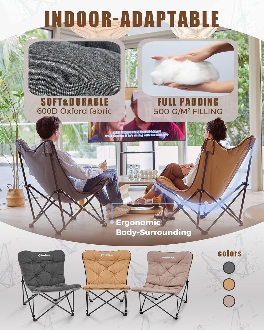 KingCamp Butterfly Chair, Oversized Thick Padded Comfy Camping Chairs Portable Folding Chair 400lbs Heavy Duty Seat with High Backrest & Carry Bag for Outdoor Indoor Patio Lawn Home Living Bed Room wourant