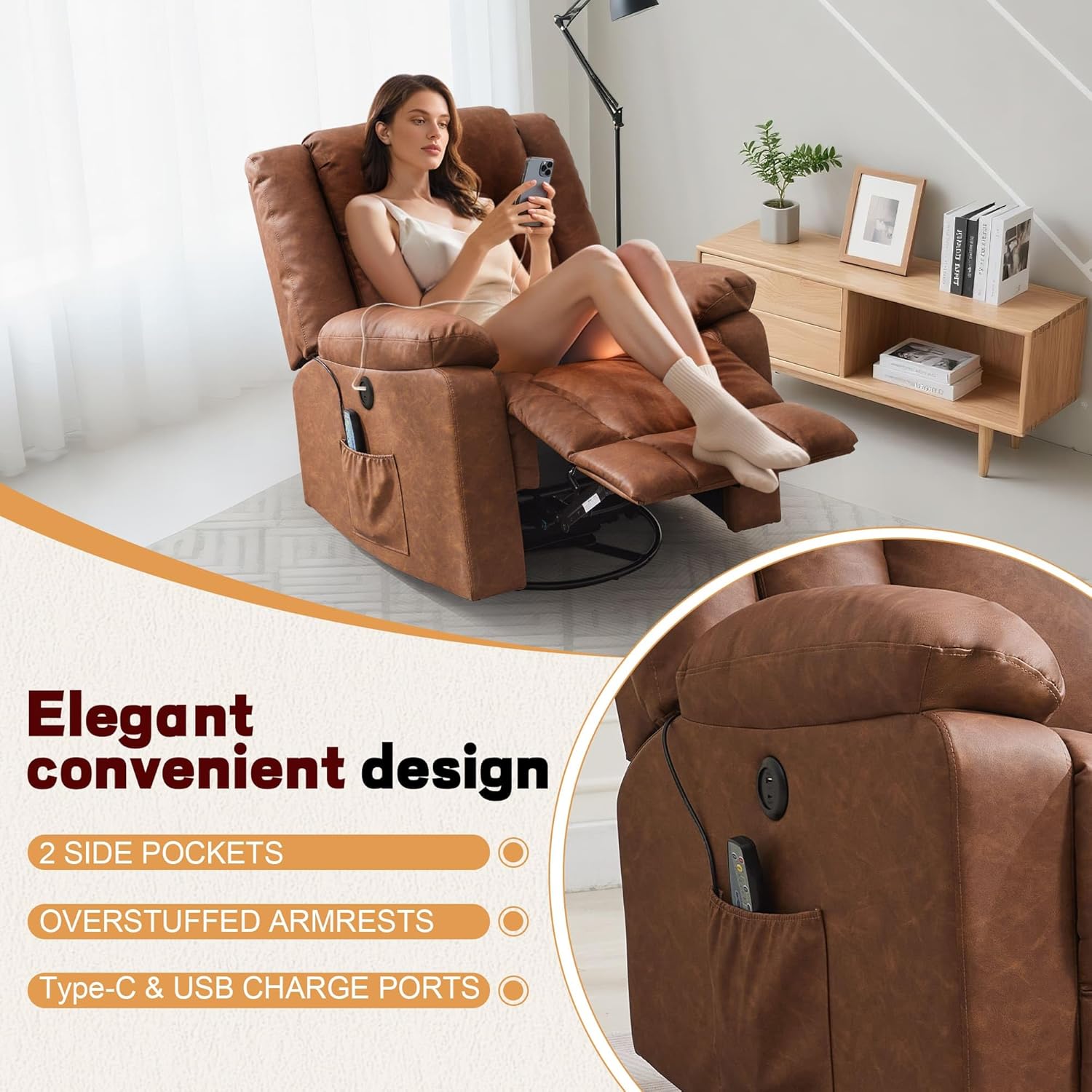 Adult rocking chair, gliding recliner, 360° rotating rocking chair with massage and heating function wourant
