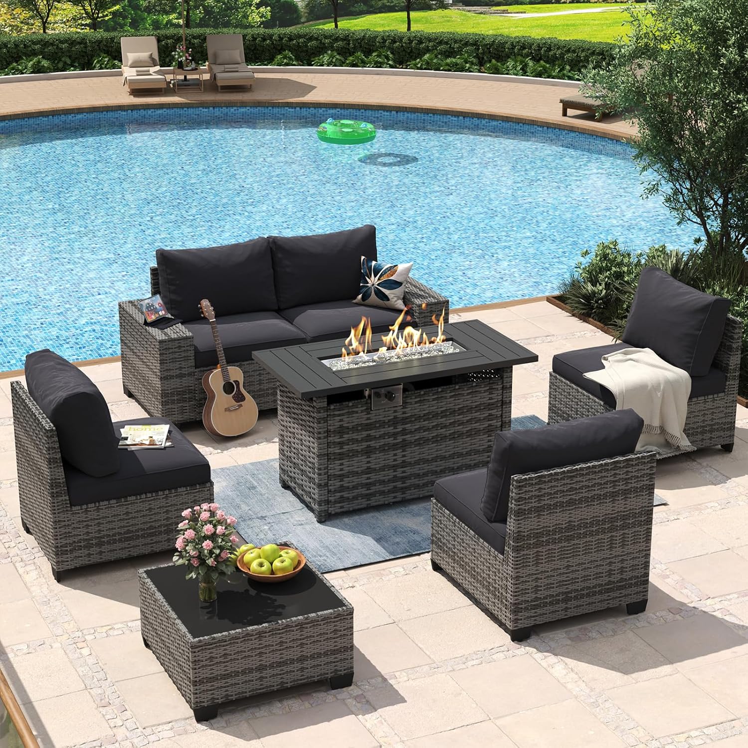 Aoxun 8 Piece Patio Furniture Set with 44?Fire Pit Table Wicker Rattan Outdoor Sectional Sofa Set with Coffee Table and Thickened Cushions, Beige (Waterproof Cover Included) woonhhop