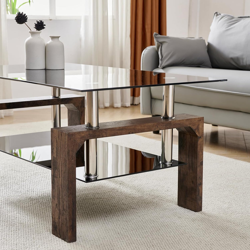 Living Room Rectangle Coffee Table, Tea Table Suitable for Waiting Room, Modern Side Coffee Table with Wooden Leg, Glass Tabletop wourant