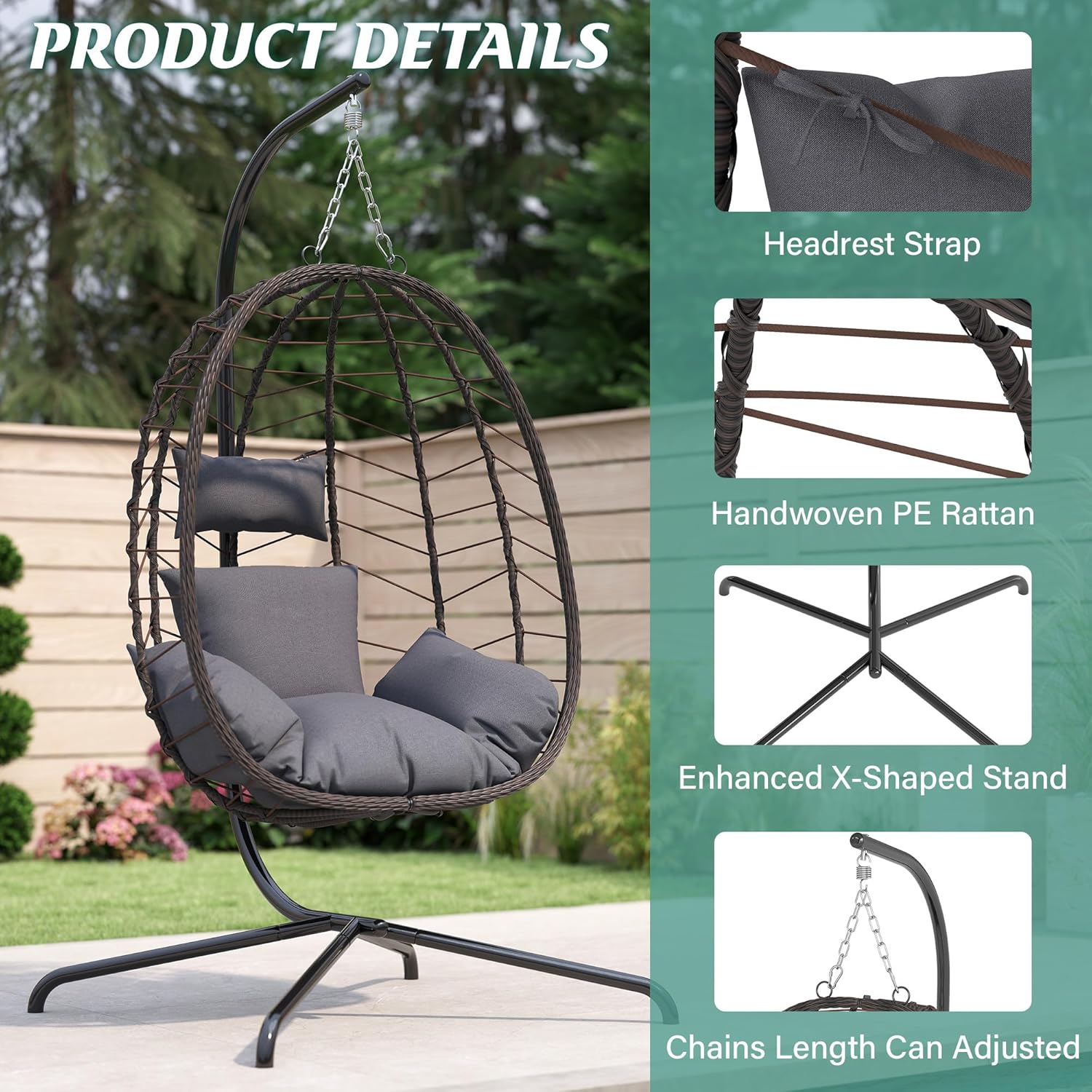 Hanging Egg Chair with Stand Swinging Egg Chair Outdoor Hanging Basket Chair with Cushion wourant