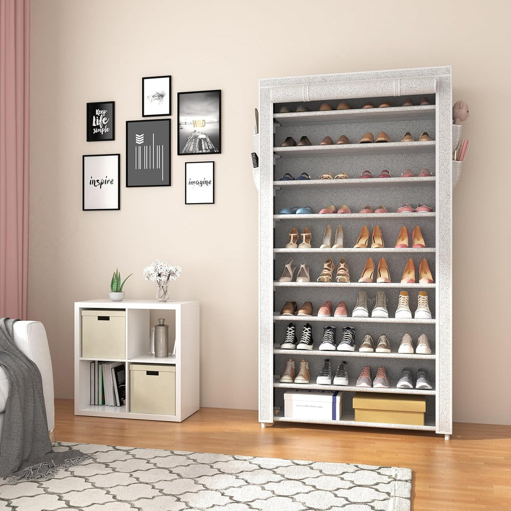 ROJASOP 10 Tier Shoe Rack with Covers Large Capacity Stackable Tall Shoe Shelf Storage wourant