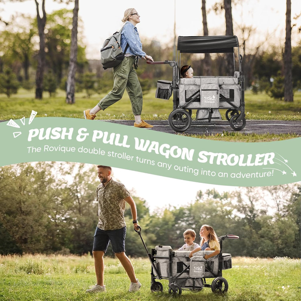 Wagon Stroller for 2 Kids,Premium Wagon for Kids with Removable Canopy, Snack Tray, Convertible Baby Bassinet, 5-Point Safety Harness, All-Terrain PU Wheels & Adjustable Push/Pull Handle,Grey wourant