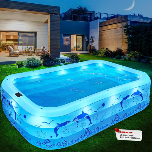2026 Upgrade Inflatable Pools with Lights, Inflatable Swimming Pools for Adults, Blow Up Pool Solar, Large Pool, Durable Thickened Inflatable Pool for Backyard- Light Blue woonhhop