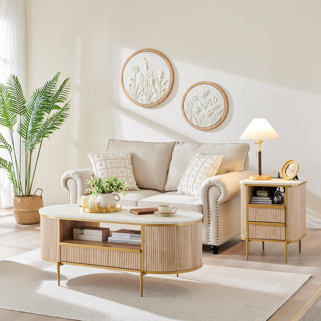OKD Modern Luxury Grooved Coffee Table, 48 Inch Oval Coffee Table with Drawers, Imitation Marble Top, Curved Contour Design, Gold Metal Trim, Living Room Center Table wourant
