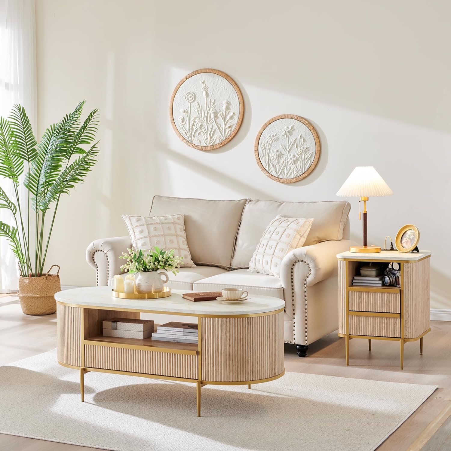 OKD Modern Luxury Grooved Coffee Table, 48 Inch Oval Coffee Table with Drawers, Imitation Marble Top, Curved Contour Design, Gold Metal Trim, Living Room Center Table wourant