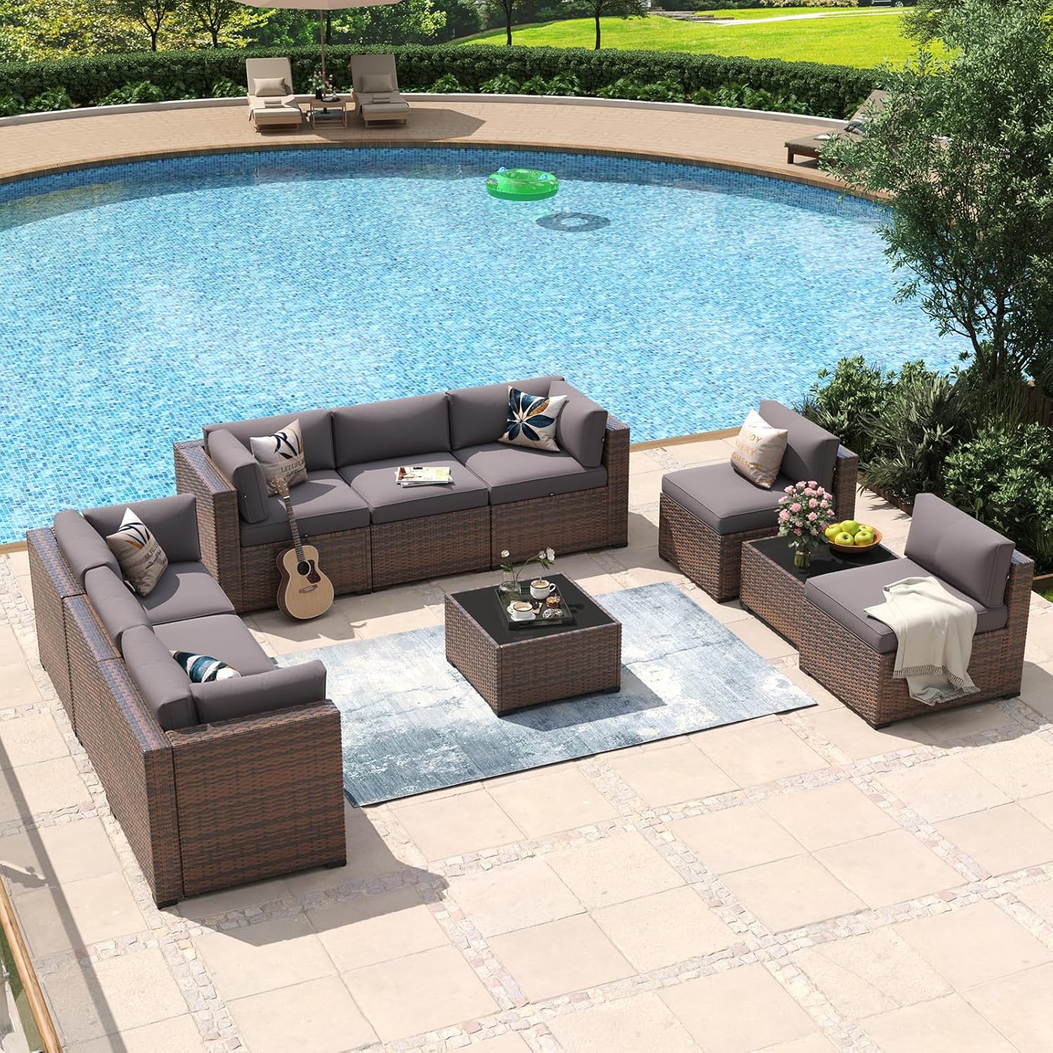 Aoxun 8 Piece Patio Furniture Set with 44?Fire Pit Table Wicker Rattan Outdoor Sectional Sofa Set with Coffee Table and Thickened Cushions, Beige (Waterproof Cover Included) woonhhop