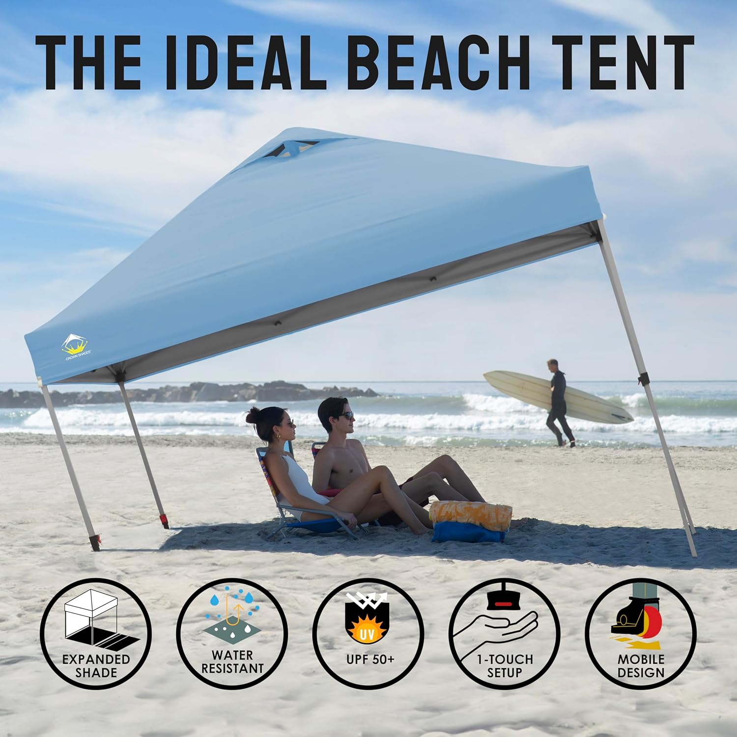 10x10 Pop-Up Awning - One-Click Installation Beach Tent - Outdoor Sunshade Silver Coated Top, 3 Heights and 4 Sand Pockets wourant