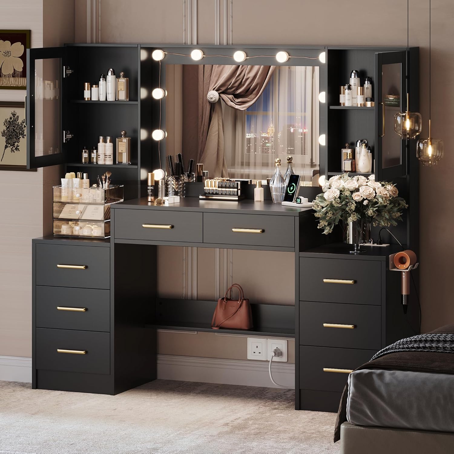 Black Vanity Desk with Mirror, Lights & Charging Station, 58.3" 3 Lighting Modes wourant