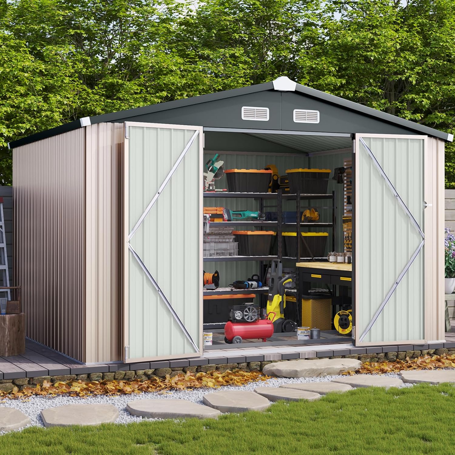 Aoxun 10 x 12FT Outdoor Storage Shed with Double Hinged Large Door Utility Garden Shed wourant