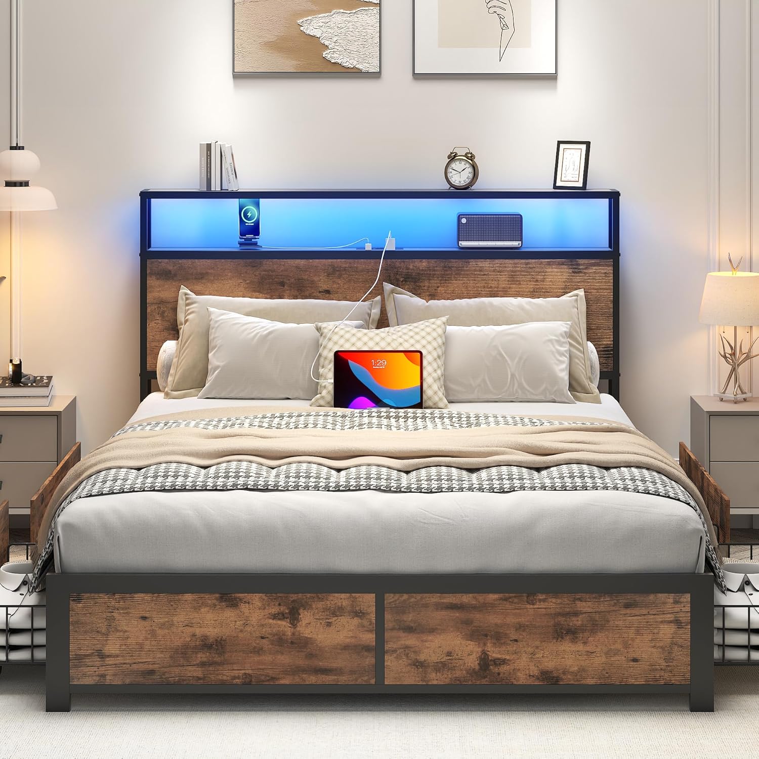Lifezone Queen Bed Frame with 2-Tier Storage Headboard, Metal Platform Bed Frame with 4 Storage Drawers, Built in Charging Station & LED, Noise-Free/Metal Support/No Box Spring Needed wourant