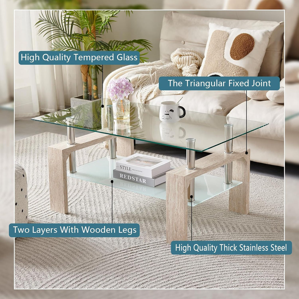 Living Room Rectangle Coffee Table, Tea Table Suitable for Waiting Room, Modern Side Coffee Table with Wooden Leg, Glass Tabletop wourant