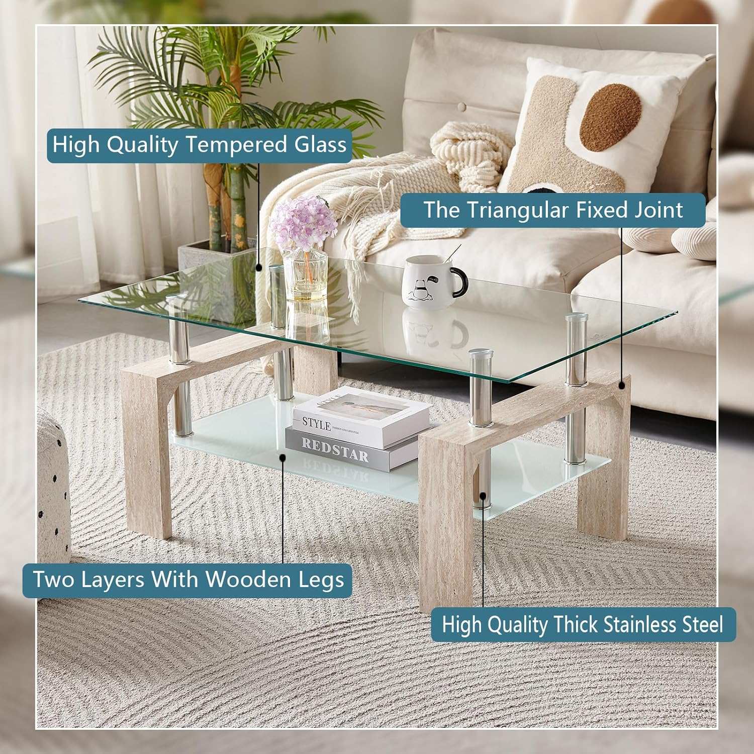 Living Room Rectangle Coffee Table, Tea Table Suitable for Waiting Room, Modern Side Coffee Table with Wooden Leg, Glass Tabletop wourant