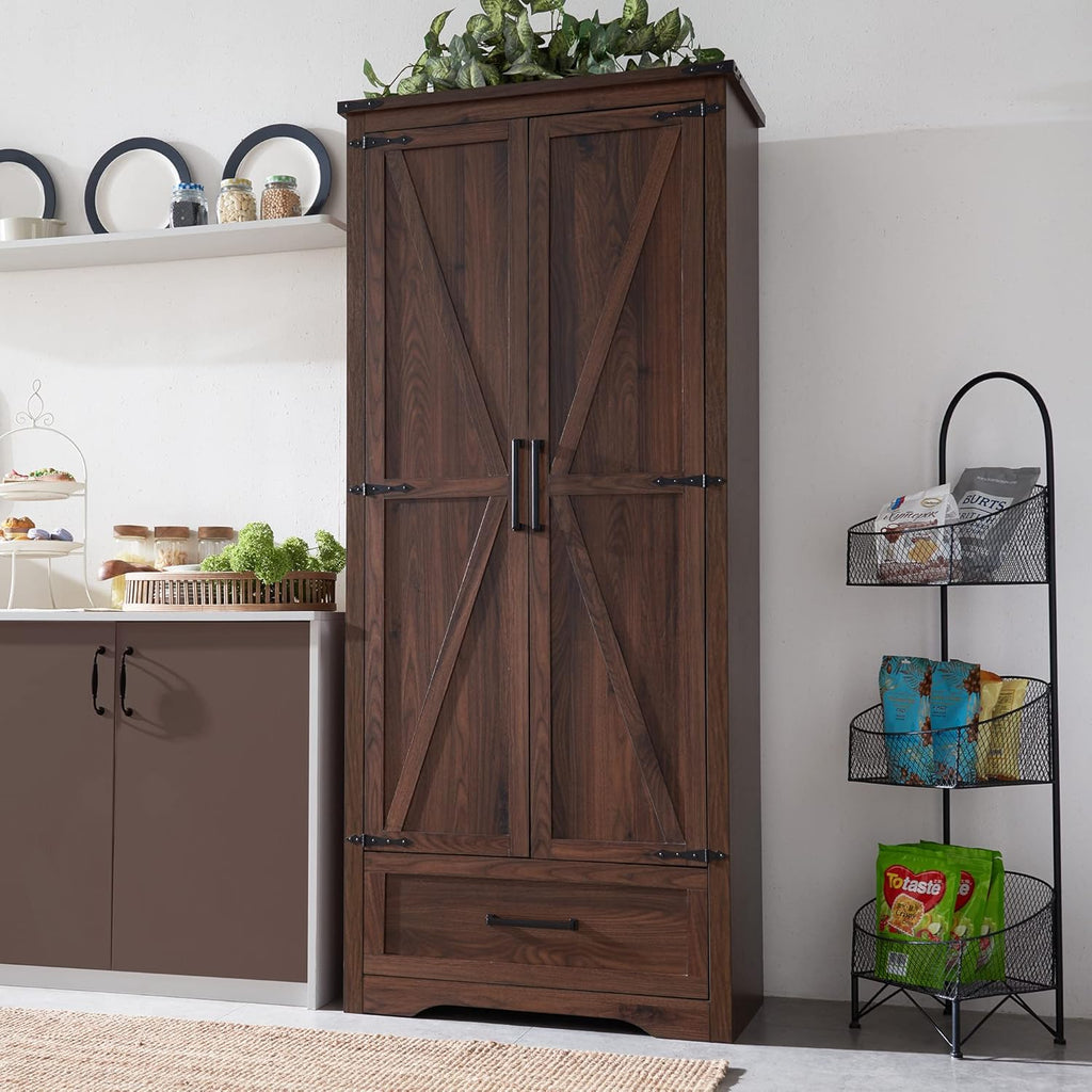 JXQTLINGMU Farmhouse Kitchen Pantry - 72" Tall Wood Kitchen Storage Cabinet with Adjustable Shelves and 2 Barn-Style Doors and Drawers wourant