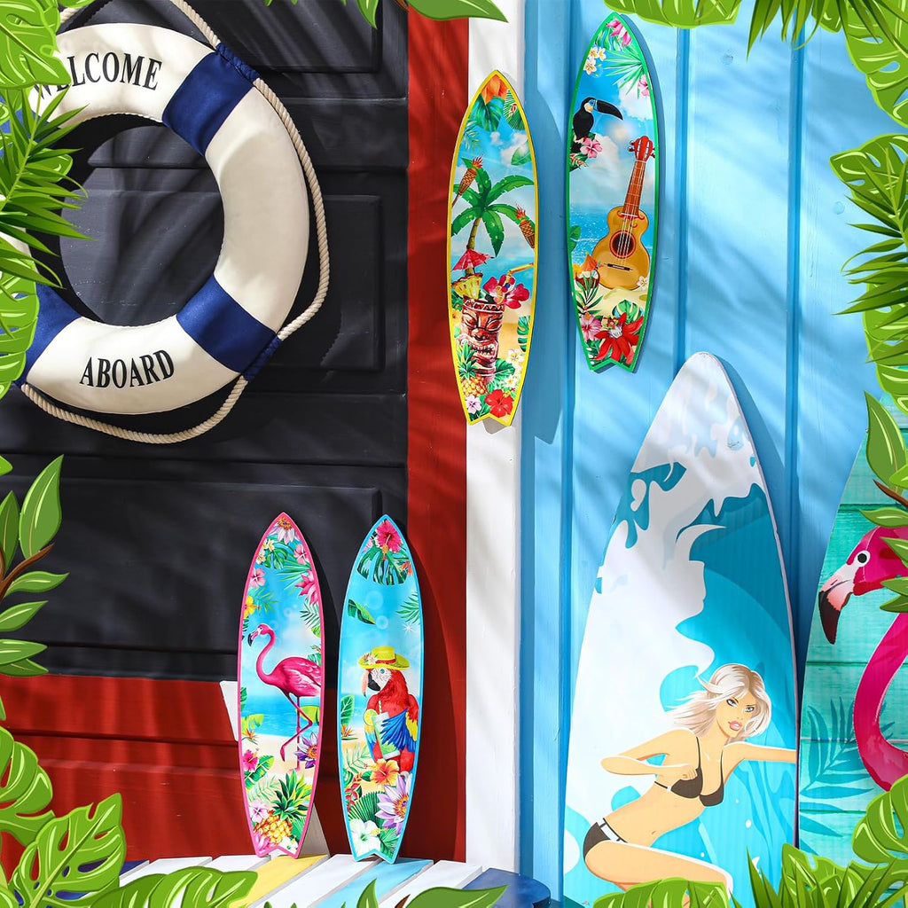 Blulu 4 Pcs Surfboard Wall Decor Surfboard Wall Hanging Sign Wooden Beach Decoration Summer Theme Decor Hawaiian Luau Party Decoration for Home Bar Aloha Tropical Birthday Party(Tiki) wourant