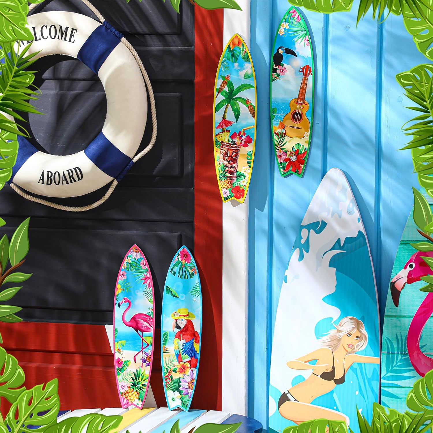 Blulu 4 Pcs Surfboard Wall Decor Surfboard Wall Hanging Sign Wooden Beach Decoration Summer Theme Decor Hawaiian Luau Party Decoration for Home Bar Aloha Tropical Birthday Party(Tiki) wourant