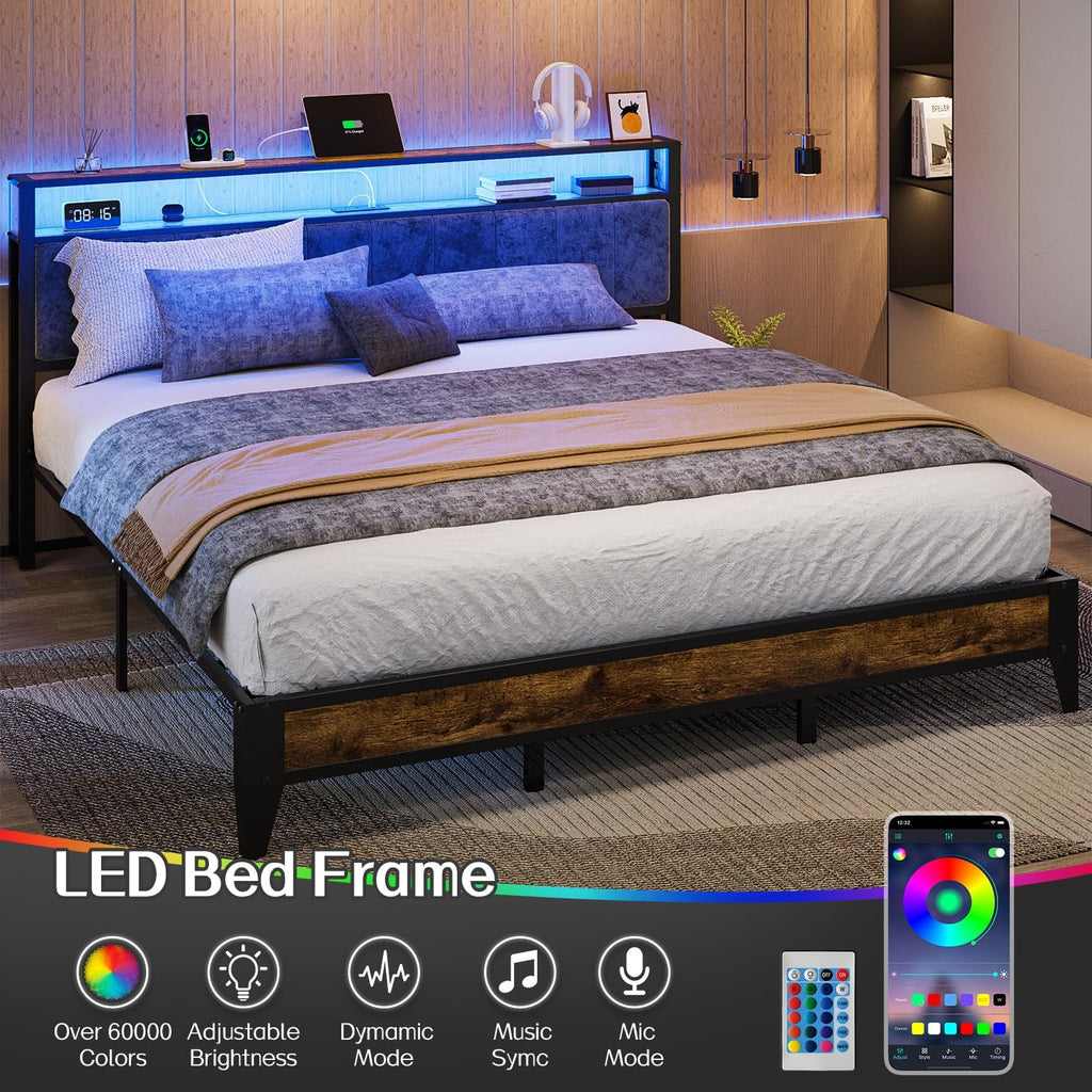 OLEVS Single Bed Frame LED Light Storage Headboard Charging Station Metal Platform Bed wourant