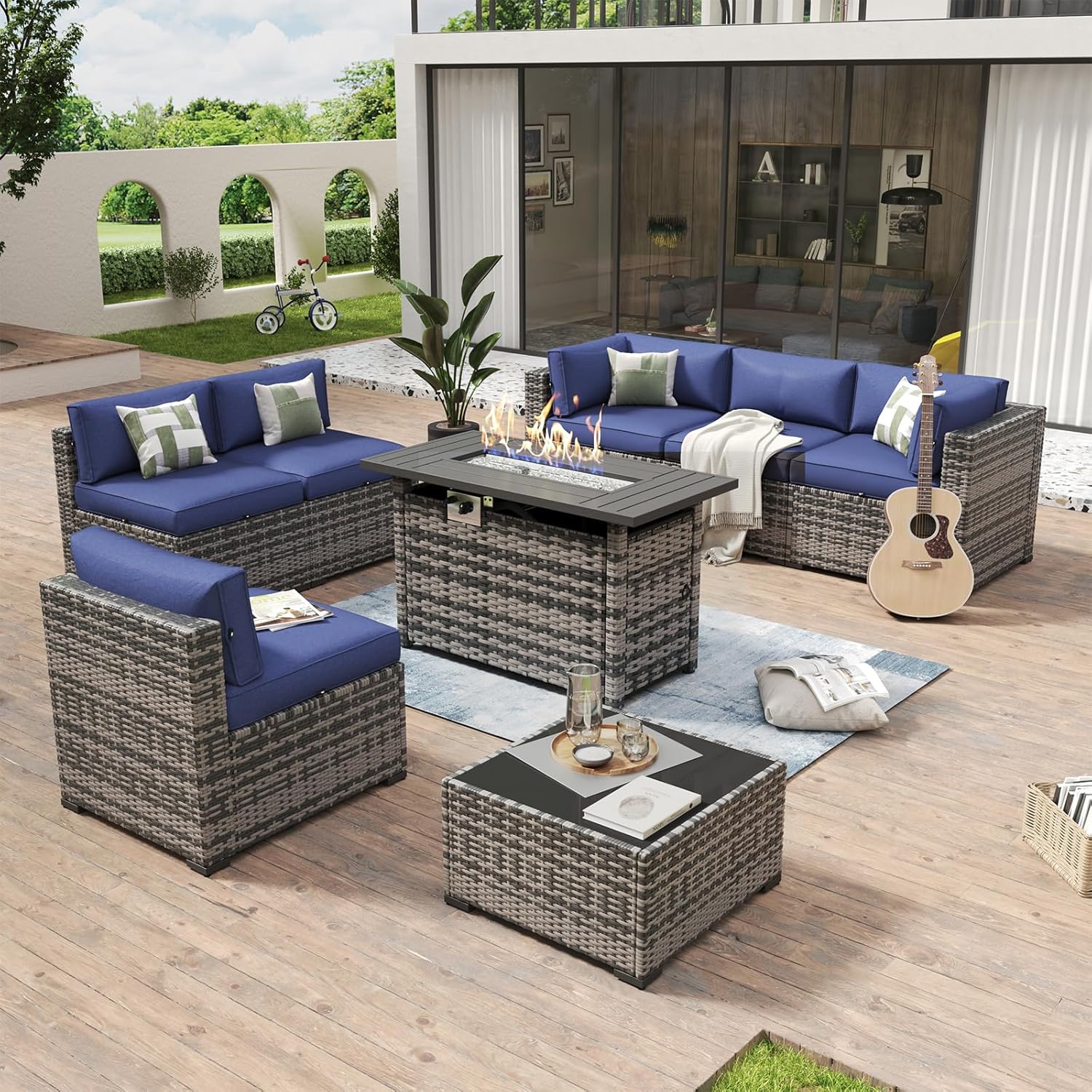 Aoxun 8 Piece Patio Furniture Set with 44?Fire Pit Table Wicker Rattan Outdoor Sectional Sofa Set with Coffee Table and Thickened Cushions, Beige (Waterproof Cover Included) woonhhop